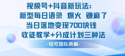 视频号加抖音新玩法:爆火新型每日语录,收徒教学加分成计划,三种变现玩法,当日变现7张网络赚钱,项目资源网,副业资源网,兼职项目,网赚课程-副业赚钱-互联网创业-独家轻创IP大圣网创