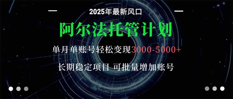 阿尔法托管计划 单账号月入3000-5000,长期稳定项目,新手小白轻松上手。网络赚钱,项目资源网,副业资源网,兼职项目,网赚课程-副业赚钱-互联网创业-独家轻创IP大圣网创