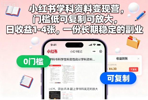 小红书学科资料变现营，门槛低可复制可放大，日收益1-4张，一份长期稳定的副业网络赚钱,项目资源网,副业资源网,兼职项目,网赚课程-副业赚钱-互联网创业-独家轻创IP大圣网创