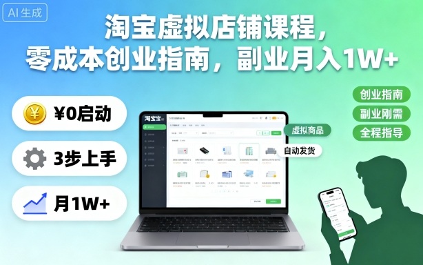 淘宝虚拟店铺课程，零成本创业指南，副业月入1W+网络赚钱,项目资源网,副业资源网,兼职项目,网赚课程-副业赚钱-互联网创业-独家轻创IP大圣网创