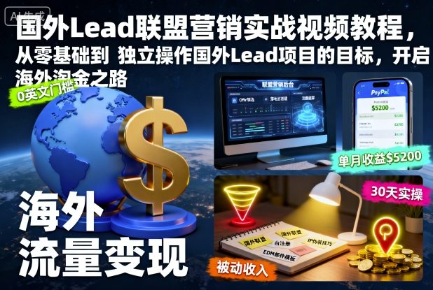 国外Lead联盟营销实战视频教程,从零基础到独立操作国外Lead项目的目标,开启海外淘金之路网络赚钱,项目资源网,副业资源网,兼职项目,网赚课程-副业赚钱-互联网创业-独家轻创IP大圣网创