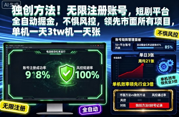 独创方法!无限注册账号,短剧平台全自动掘金,不惧风控,领先市面所有项目,单机一天3张【揭秘】网络赚钱,项目资源网,副业资源网,兼职项目,网赚课程-副业赚钱-互联网创业-独家轻创IP大圣网创