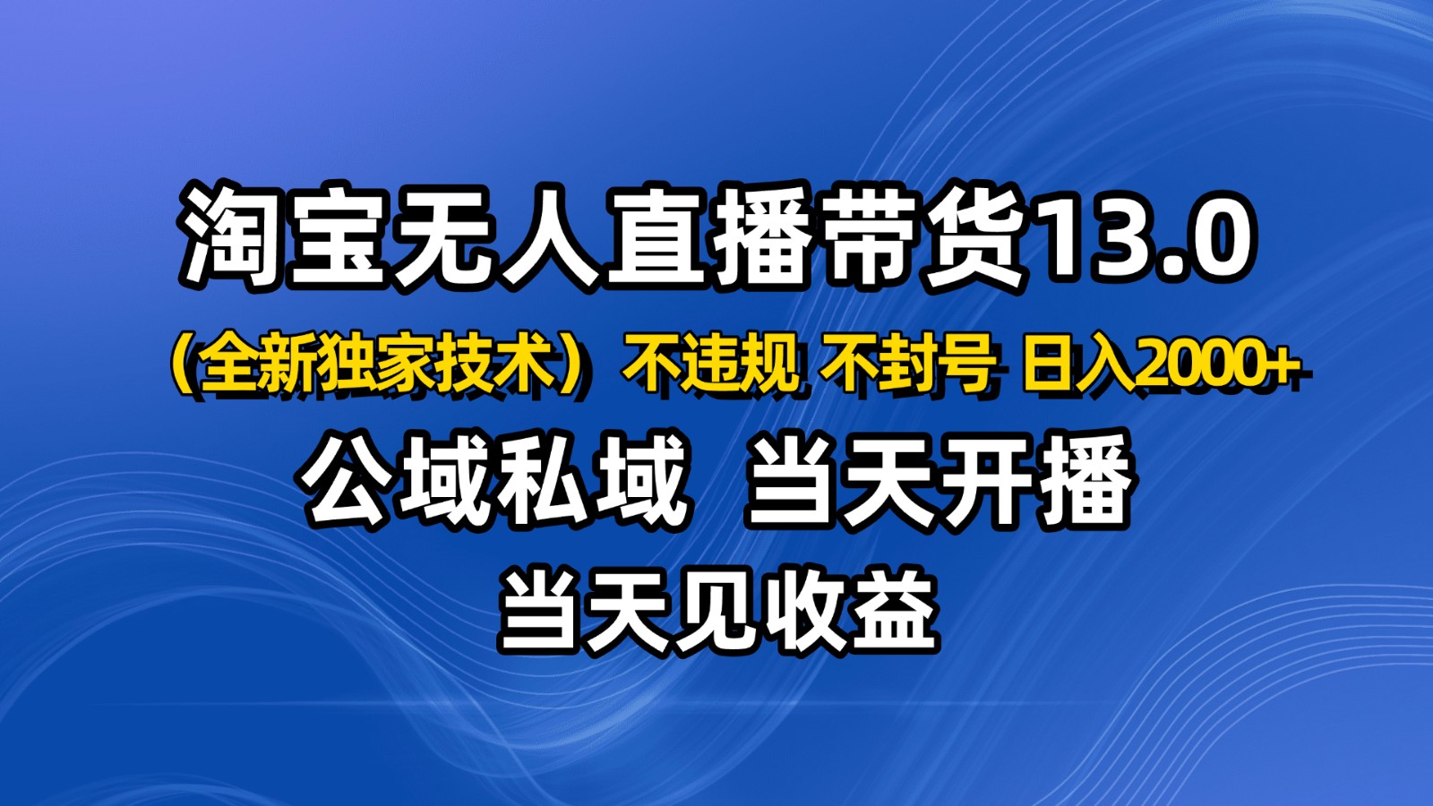 淘宝无人直播13.0,公域私域技术,不封号,不违规 布局下半年旺季赛道,日入2000+网络赚钱,项目资源网,副业资源网,兼职项目,网赚课程-副业赚钱-互联网创业-独家轻创IP大圣网创