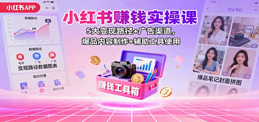 小红书赚钱实操课:5大变现路径+广告渠道,爆品内容制作+辅助工具使用网络赚钱,项目资源网,副业资源网,兼职项目,网赚课程-副业赚钱-互联网创业-独家轻创IP大圣网创