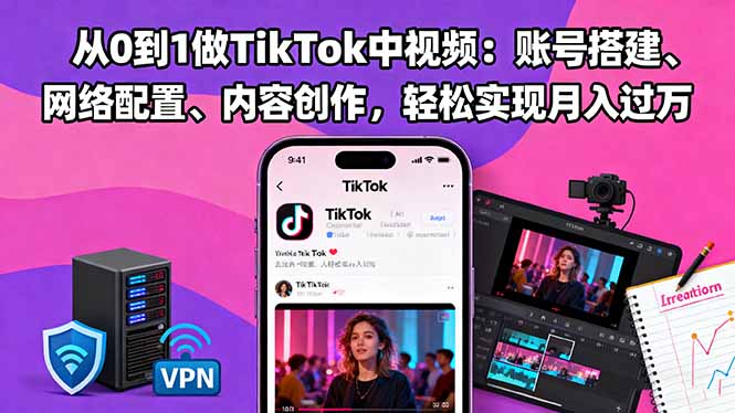 从0到1做TikTok中视频：账号搭建、网络配置、内容创作，轻松实现月入过万网络赚钱,项目资源网,副业资源网,兼职项目,网赚课程-副业赚钱-互联网创业-独家轻创IP大圣网创