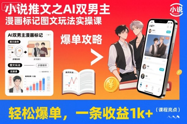 小说推文之AI双男主漫画标记图文玩法实操课，轻松爆单，一条收益1k+网络赚钱,项目资源网,副业资源网,兼职项目,网赚课程-副业赚钱-互联网创业-独家轻创IP大圣网创