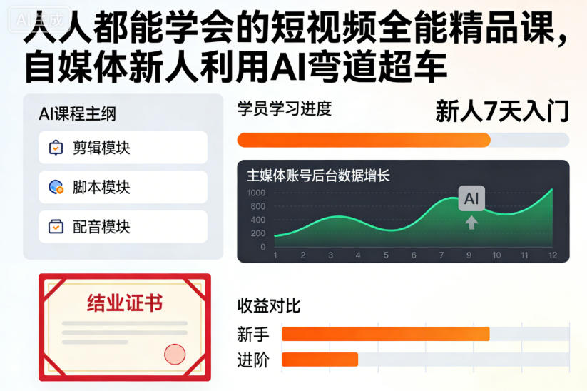 人人都能学会的短视频全能精品课，自媒体新人利用AI弯道超车网络赚钱,项目资源网,副业资源网,兼职项目,网赚课程-副业赚钱-互联网创业-独家轻创IP大圣网创