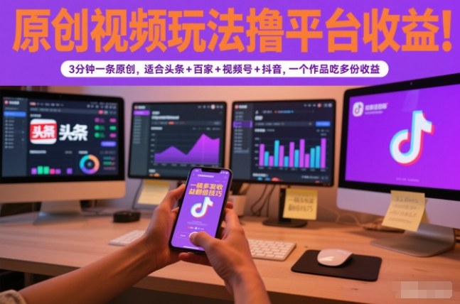 原创视频玩法撸平台收益,3分钟一条原创,适合头条+百家+视频号+抖音,一个作品吃多份收益网络赚钱,项目资源网,副业资源网,兼职项目,网赚课程-副业赚钱-互联网创业-独家轻创IP大圣网创