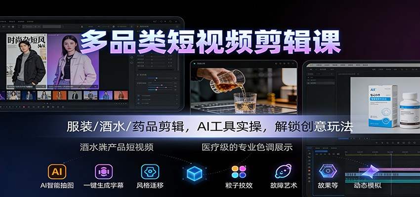 多品类短视频剪辑课:服装/酒水/药品剪辑,AI工具实操,解锁创意玩法网络赚钱,项目资源网,副业资源网,兼职项目,网赚课程-副业赚钱-互联网创业-独家轻创IP大圣网创