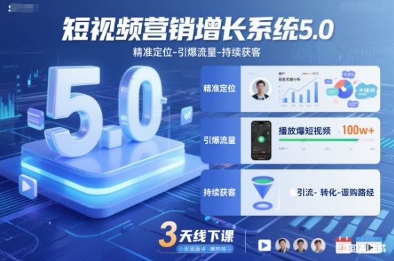 短视频营销增长系统5.0,精准定位-引爆流量-持续获客,3天线下课(音频+图片)网络赚钱,项目资源网,副业资源网,兼职项目,网赚课程-副业赚钱-互联网创业-独家轻创IP大圣网创