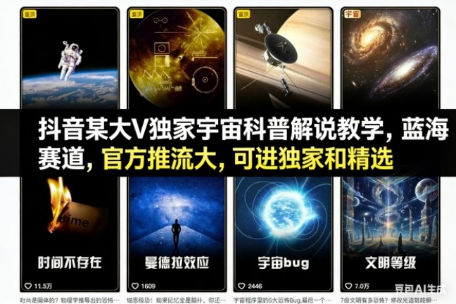 抖音某大V独家宇宙科普解说教学,蓝海赛道,官方推流大,可进独家和精选网络赚钱,项目资源网,副业资源网,兼职项目,网赚课程-副业赚钱-互联网创业-独家轻创IP大圣网创