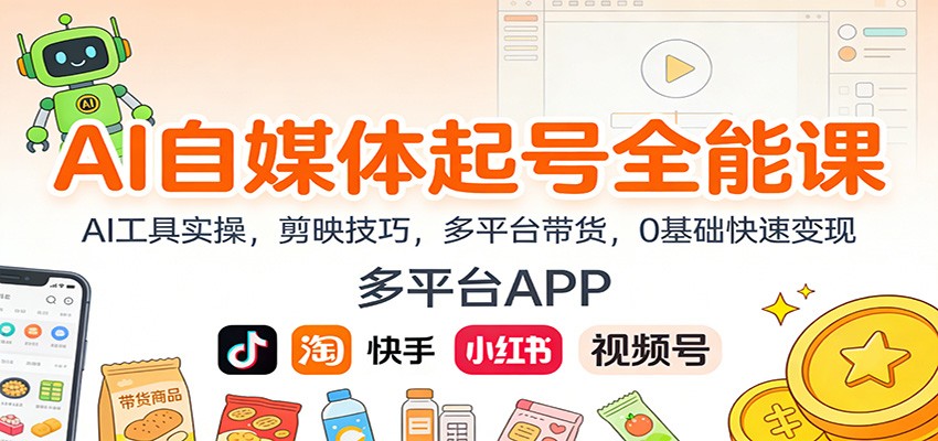 AI自媒体起号全能课:AI工具实操,剪映技巧,多平台带货,0基础快速变现网络赚钱,项目资源网,副业资源网,兼职项目,网赚课程-副业赚钱-互联网创业-独家轻创IP大圣网创