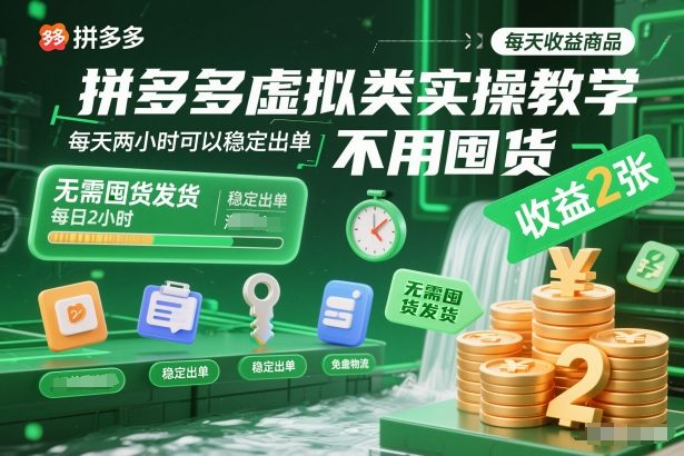 拼多多虚拟类实操教学,不用囤货、不用发货,每天两小时可以稳定出单,每天收益2张网络赚钱,项目资源网,副业资源网,兼职项目,网赚课程-副业赚钱-互联网创业-独家轻创IP大圣网创