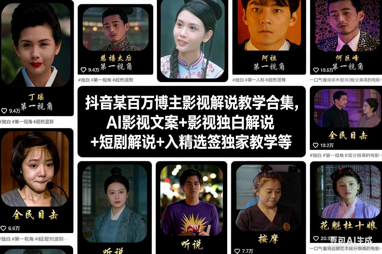 抖音某百万博主影视解说教学合集,AI影视文案+影视独白解说+短剧解说+入精选签独家教学等网络赚钱,项目资源网,副业资源网,兼职项目,网赚课程-副业赚钱-互联网创业-独家轻创IP大圣网创