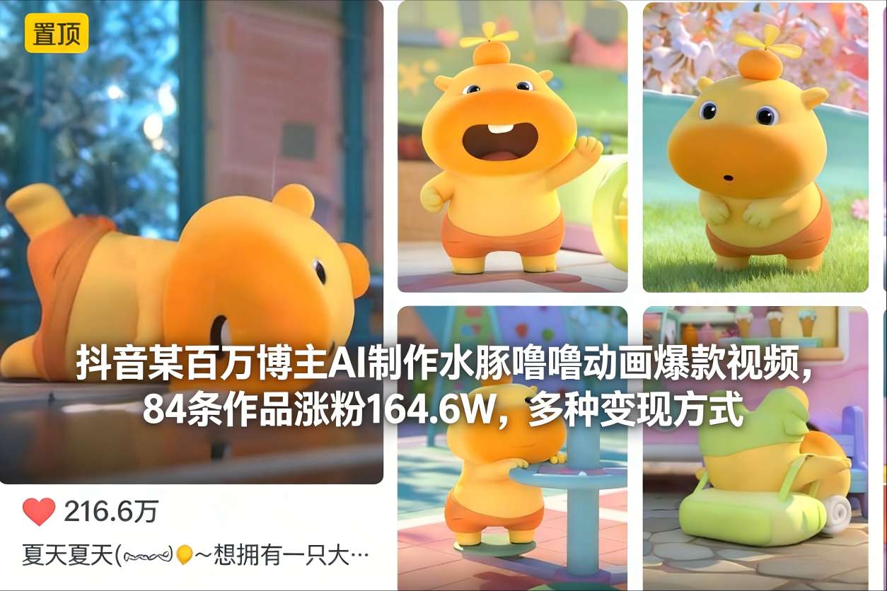 抖音某百万博主AI制作水豚噜噜动画爆款视频，84条作品涨粉164.6W，多种变现方式网络赚钱,项目资源网,副业资源网,兼职项目,网赚课程-副业赚钱-互联网创业-独家轻创IP大圣网创