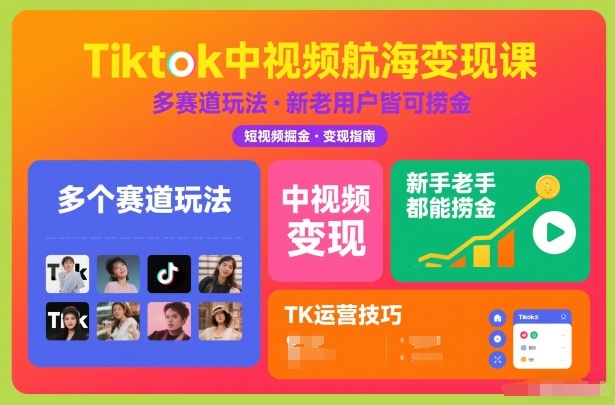 Tiktok中视频航海变现课，多个赛道玩法，新手老手都能在TK中视频捞金网络赚钱,项目资源网,副业资源网,兼职项目,网赚课程-副业赚钱-互联网创业-独家轻创IP大圣网创
