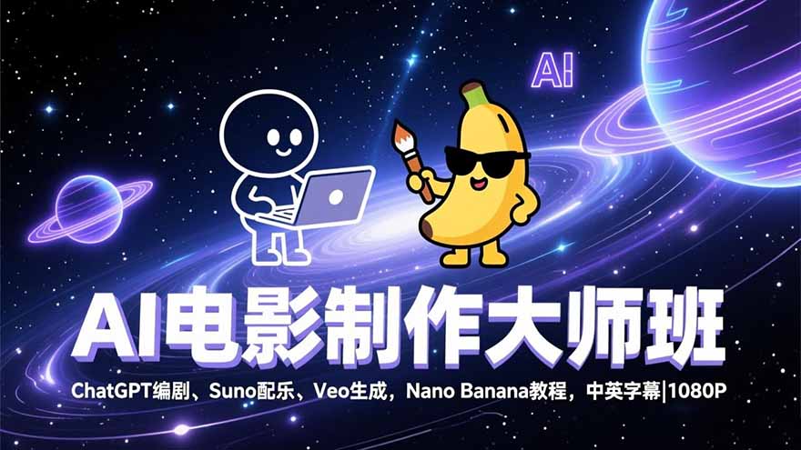 AI电影制作大师班：ChatGPT编剧、Suno配乐、Veo生成，Nano Banana教程，中英字幕|1080P网络赚钱,项目资源网,副业资源网,兼职项目,网赚课程-副业赚钱-互联网创业-独家轻创IP大圣网创