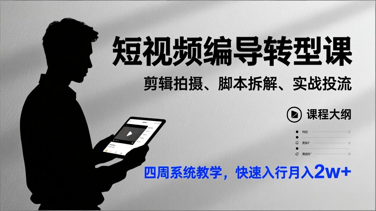 短视频编导转型课，剪辑拍摄、脚本拆解、实战投流，四周系统教学，快速入行月入2w+网络赚钱,项目资源网,副业资源网,兼职项目,网赚课程-副业赚钱-互联网创业-独家轻创IP大圣网创