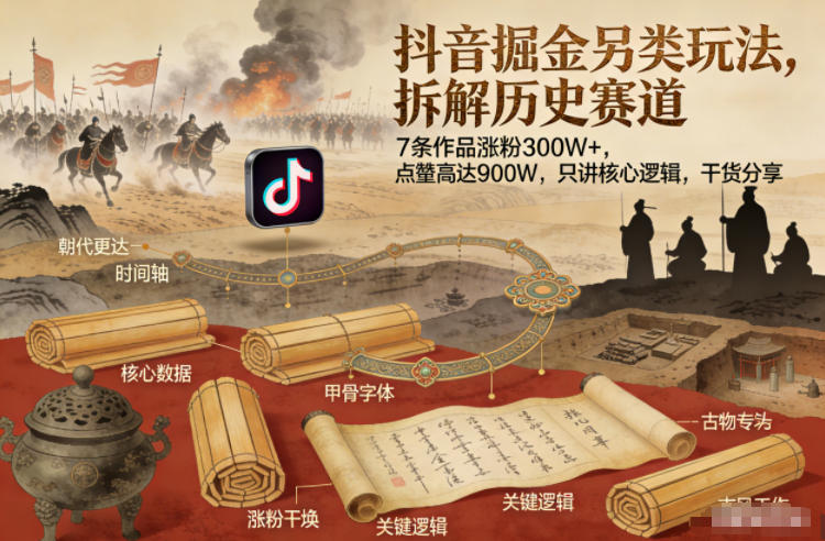 抖音掘金另类玩法，拆解历史赛道，7条作品涨粉300W+，点赞量高达900W，只讲核心逻辑，干货分享网络赚钱,项目资源网,副业资源网,兼职项目,网赚课程-副业赚钱-互联网创业-独家轻创IP大圣网创
