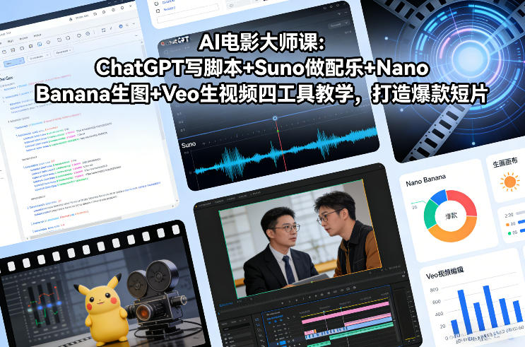 AI电影大师课：ChatGPT写脚本+Suno做配乐+Nano Banana生图+Veo生视频，打造爆款短片网络赚钱,项目资源网,副业资源网,兼职项目,网赚课程-副业赚钱-互联网创业-独家轻创IP大圣网创