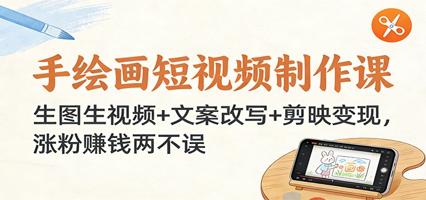 手绘画短视频制作课：生图生视频+文案改写+剪映变现，涨粉赚钱两不误网络赚钱,项目资源网,副业资源网,兼职项目,网赚课程-副业赚钱-互联网创业-独家轻创IP大圣网创