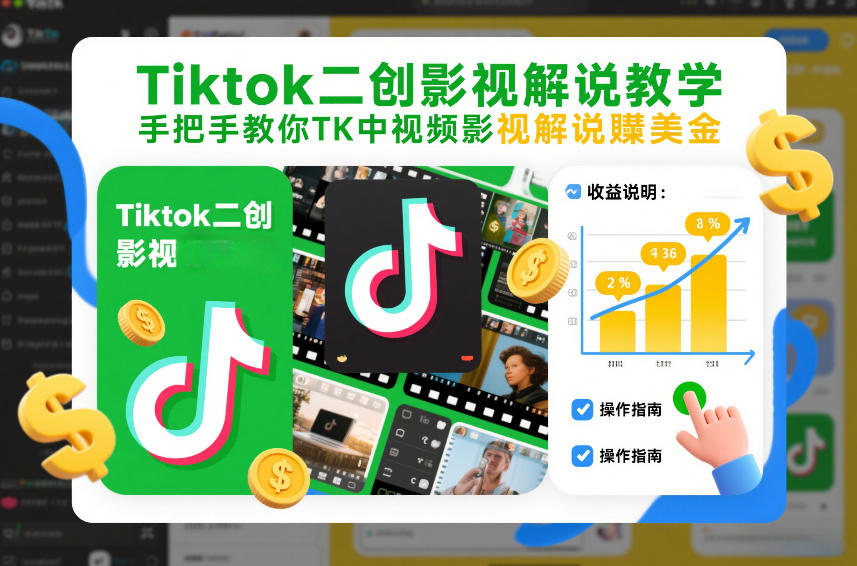Tiktok二创影视解说教学，手把手教你TK中视频影视解说賺美金(更新26年1月)网络赚钱,项目资源网,副业资源网,兼职项目,网赚课程-副业赚钱-互联网创业-独家轻创IP大圣网创