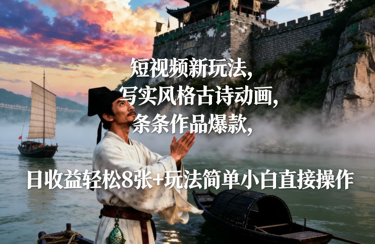 短视频新玩法，写实风格古诗动画，条条作品爆款，日收益轻松8张+玩法简单小白直接操作网络赚钱,项目资源网,副业资源网,兼职项目,网赚课程-副业赚钱-互联网创业-独家轻创IP大圣网创