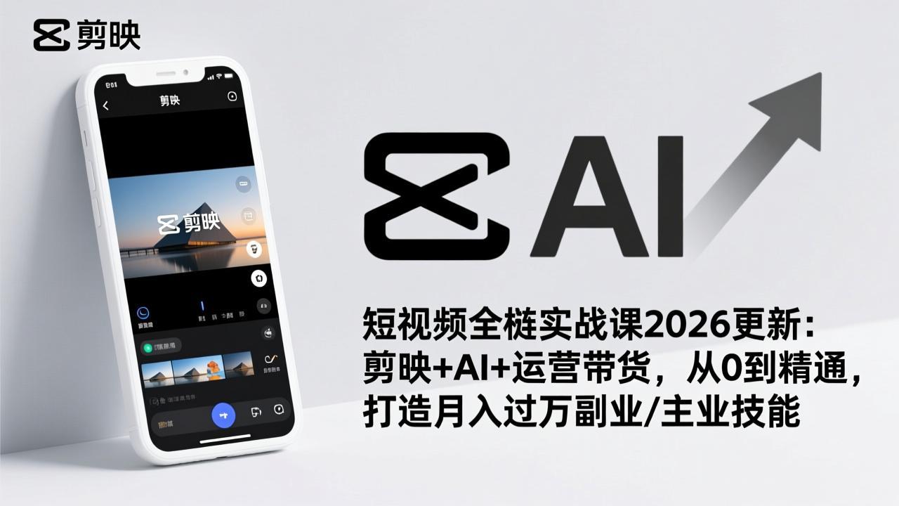 短视频全栈实战课2026更新：剪映+AI+运营带货，从0到精通，打造月入过万副业/主业技能网络赚钱,项目资源网,副业资源网,兼职项目,网赚课程-副业赚钱-互联网创业-独家轻创IP大圣网创