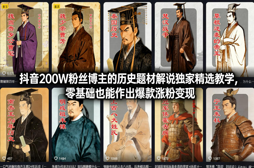 抖音200W粉丝博主的历史题材解说独家精选教学，零基础也能作出爆款涨粉变现网络赚钱,项目资源网,副业资源网,兼职项目,网赚课程-副业赚钱-互联网创业-独家轻创IP大圣网创