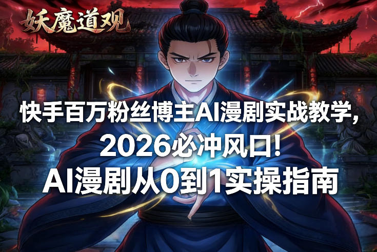 快手百万粉丝博主AI漫剧实战教学，2026必冲风口！AI漫剧从0到1实操指南网络赚钱,项目资源网,副业资源网,兼职项目,网赚课程-副业赚钱-互联网创业-独家轻创IP大圣网创