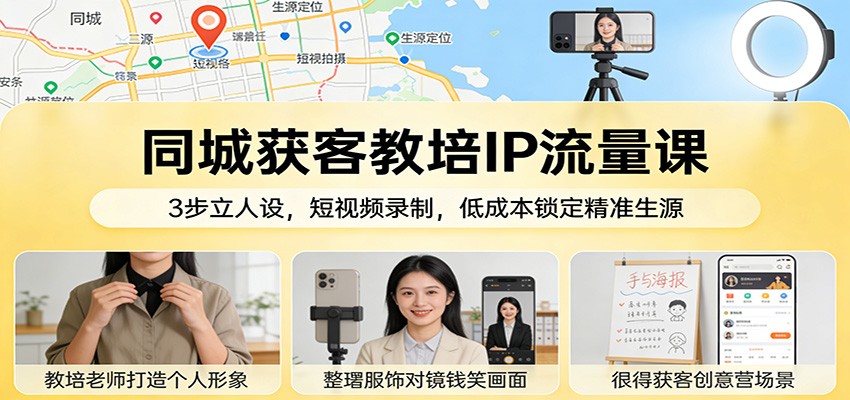 同城获客教培IP流量课：3步立人设，短视频录制，低成本锁定精准生源网络赚钱,项目资源网,副业资源网,兼职项目,网赚课程-副业赚钱-互联网创业-独家轻创IP大圣网创