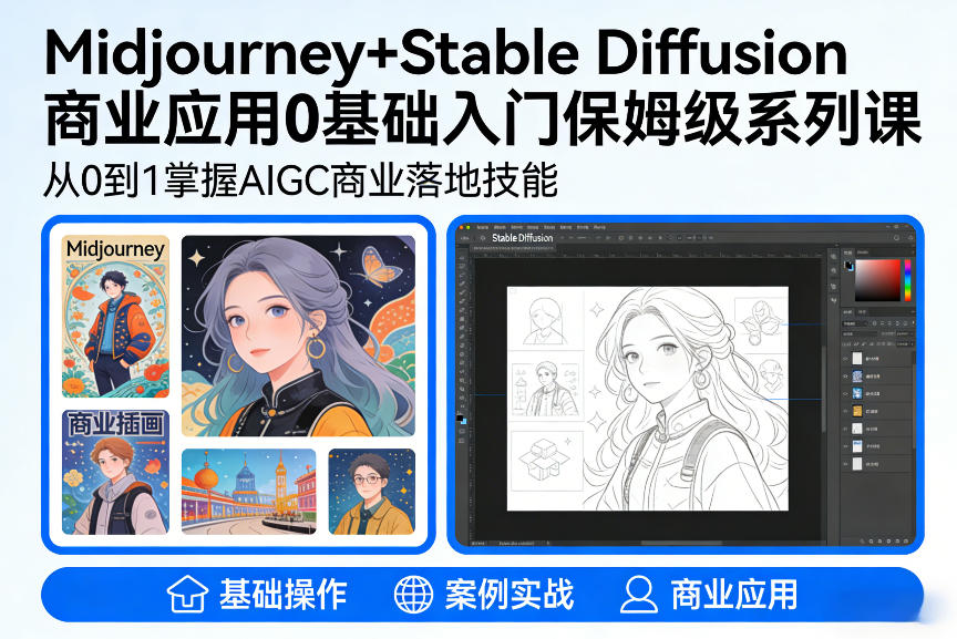 AIGC商业应用Midjourney+Stable Diffusion教程，0基础入门保姆级系列课网络赚钱,项目资源网,副业资源网,兼职项目,网赚课程-副业赚钱-互联网创业-独家轻创IP大圣网创