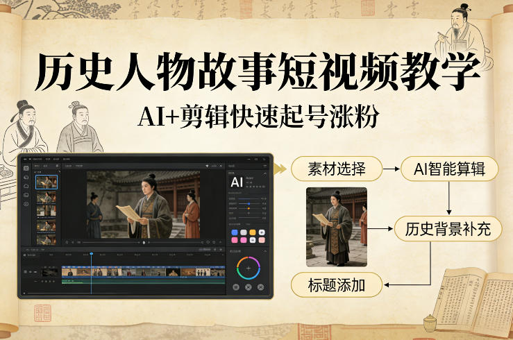 历史人物故事短视频教学，AI+剪辑制作历史人物题材短视频，快速起号涨粉网络赚钱,项目资源网,副业资源网,兼职项目,网赚课程-副业赚钱-互联网创业-独家轻创IP大圣网创