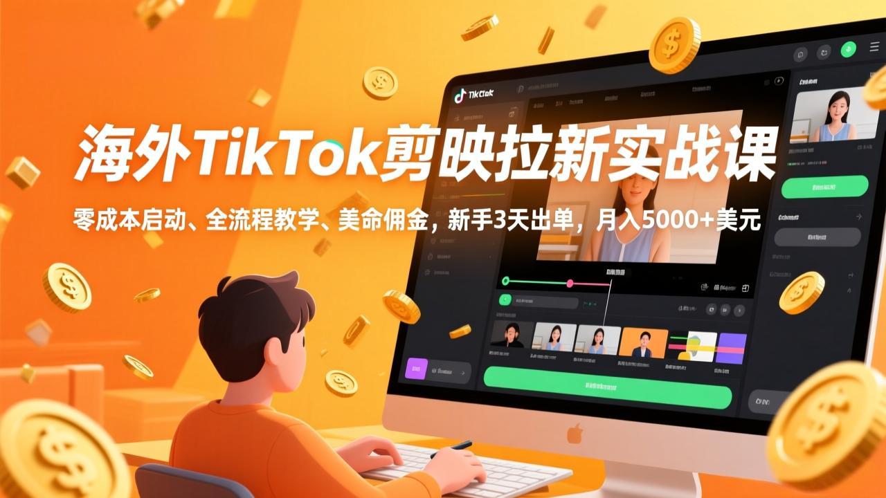 海外TikTok剪映拉新实战课，零成本启动、全流程教学、美金佣金，新手3天出单，月入5000+美元网络赚钱,项目资源网,副业资源网,兼职项目,网赚课程-副业赚钱-互联网创业-独家轻创IP大圣网创