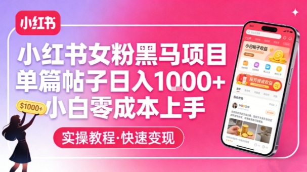 小红书女粉黑马项目，单篇帖子日入1k+，小白零成本上手网络赚钱,项目资源网,副业资源网,兼职项目,网赚课程-副业赚钱-互联网创业-独家轻创IP大圣网创