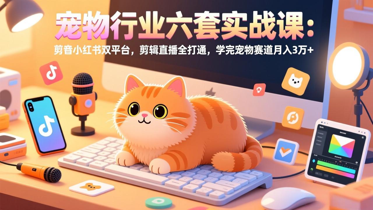 宠物行业六套实战课：抖音小红书双平台，剪辑直播全打通，学完宠物赛道月入3万+网络赚钱,项目资源网,副业资源网,兼职项目,网赚课程-副业赚钱-互联网创业-独家轻创IP大圣网创