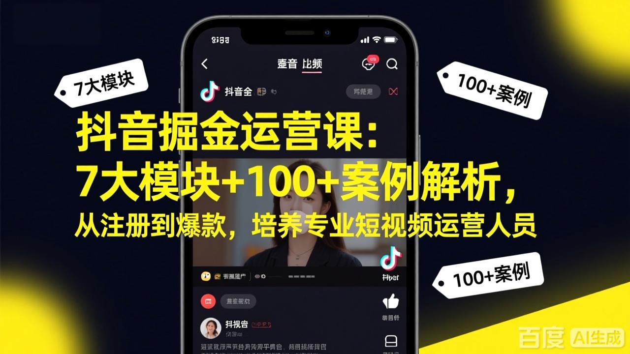 抖音掘金运营课：7大模块+100+案例解析，从注册到爆款，培养专业短视频运营人员网络赚钱,项目资源网,副业资源网,兼职项目,网赚课程-副业赚钱-互联网创业-独家轻创IP大圣网创