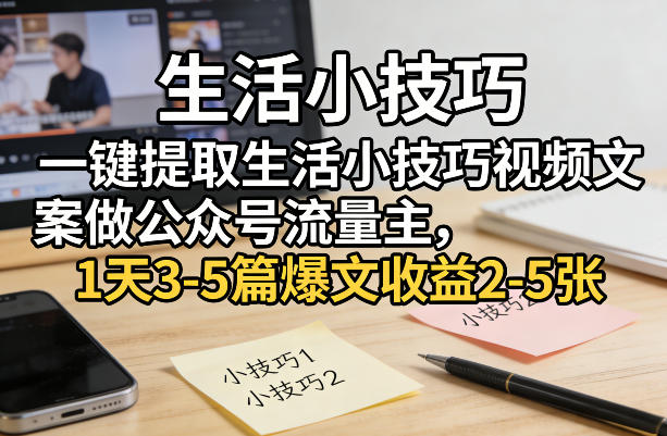 一键提取生活小技巧视频文案做公众号流量主，1天3-5篇爆文收益2-5张网络赚钱,项目资源网,副业资源网,兼职项目,网赚课程-副业赚钱-互联网创业-独家轻创IP大圣网创