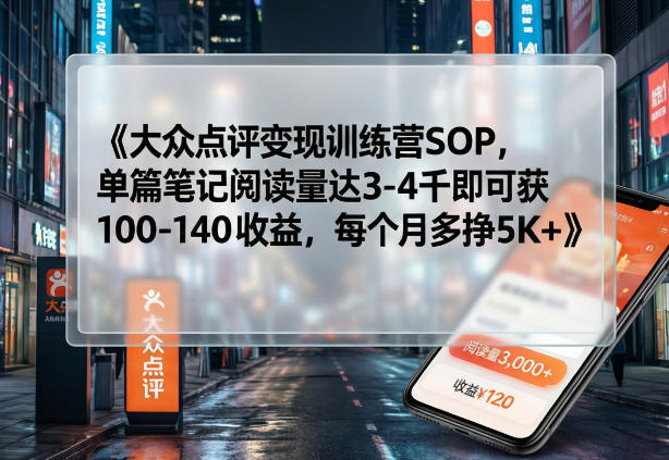 大众点评变现训练营SOP，单篇笔记阅读量达3-4千即可获100-140收益，每个月多挣5K+网络赚钱,项目资源网,副业资源网,兼职项目,网赚课程-副业赚钱-互联网创业-独家轻创IP大圣网创