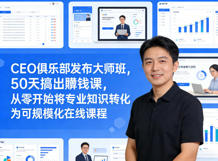 CEO俱乐部发布大师班，50天搞出賺钱课，从零开始将专业知识转化为可规模化在线课程网络赚钱,项目资源网,副业资源网,兼职项目,网赚课程-副业赚钱-互联网创业-独家轻创IP大圣网创