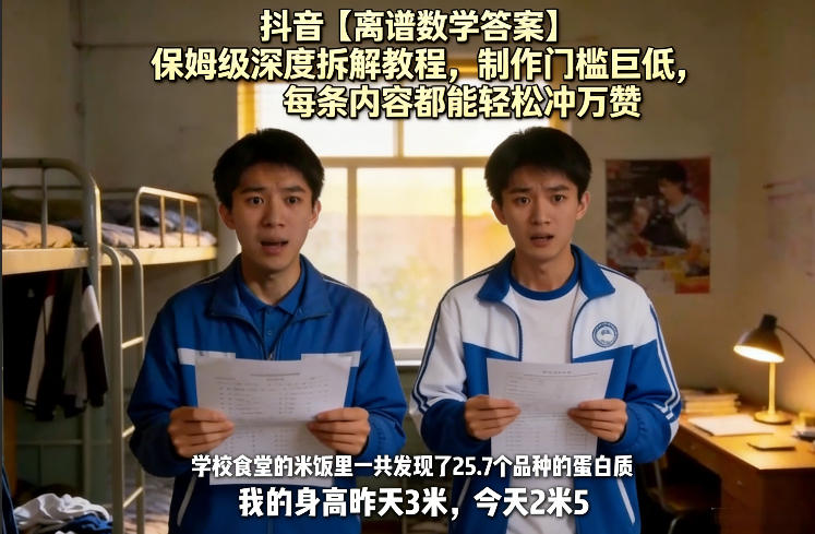 抖音【离谱数学答案】保姆级深度拆解教程，制作门槛巨低，每条内容都能轻松冲万赞，附详细步骤网络赚钱,项目资源网,副业资源网,兼职项目,网赚课程-副业赚钱-互联网创业-独家轻创IP大圣网创