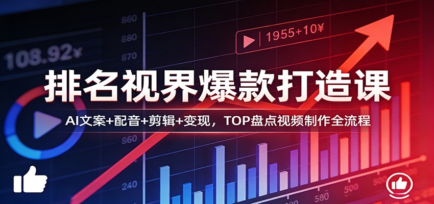 排名视界爆款打造课:AI文案+配音+剪辑+变现,TOP盘点视频制作全流程网络赚钱,项目资源网,副业资源网,兼职项目,网赚课程-副业赚钱-互联网创业-独家轻创IP大圣网创