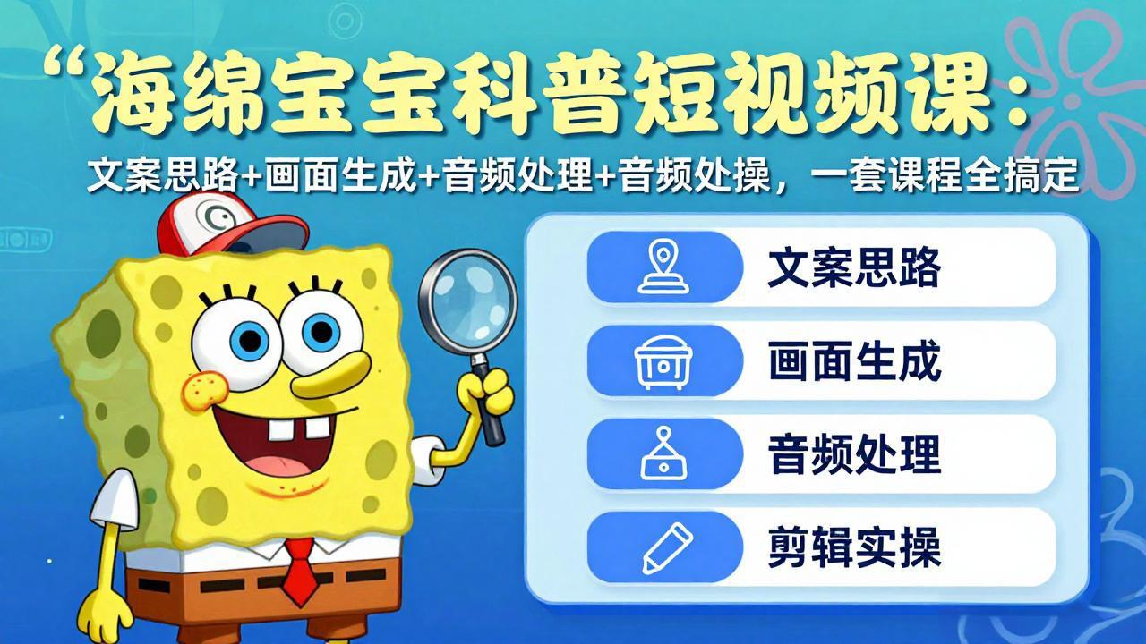 海绵宝宝科普短视频课：文案思路+画面生成+音频处理+剪辑实操，一套课程全搞定网络赚钱,项目资源网,副业资源网,兼职项目,网赚课程-副业赚钱-互联网创业-独家轻创IP大圣网创