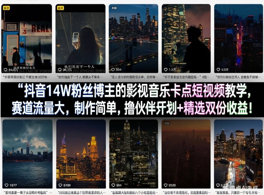 抖音14W粉丝博主的影视音乐卡点短视频教学,赛道流量大,制作简单,撸伙伴计划+精选双份收益!网络赚钱,项目资源网,副业资源网,兼职项目,网赚课程-副业赚钱-互联网创业-独家轻创IP大圣网创