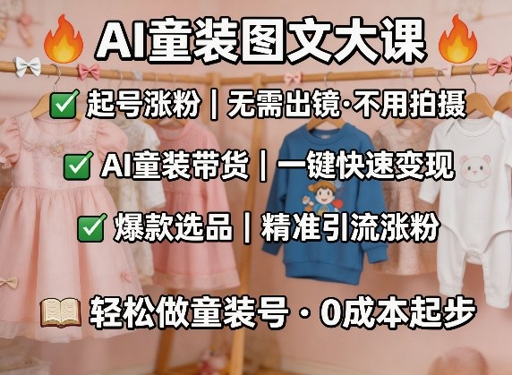AI童装图文剪辑，某社群童装图文大课，起号涨粉、AI童装带货、爆款选品，无需出镜和拍摄网络赚钱,项目资源网,副业资源网,兼职项目,网赚课程-副业赚钱-互联网创业-独家轻创IP大圣网创