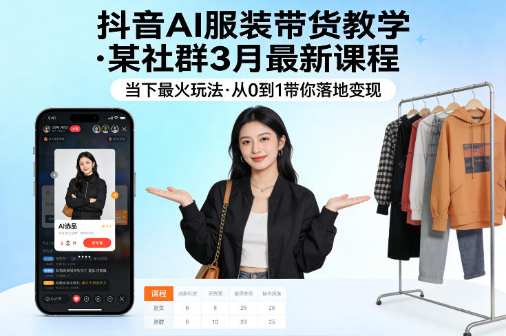 抖音AI服装带货教学，某社群3月最新课程，当下最火玩法，从0到1带你落地变现网络赚钱,项目资源网,副业资源网,兼职项目,网赚课程-副业赚钱-互联网创业-独家轻创IP大圣网创