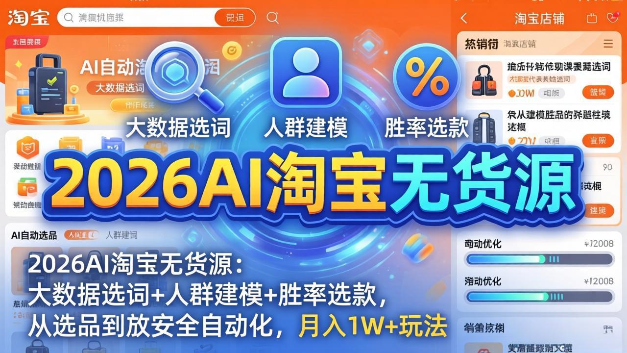 2026AI淘宝无货源：大数据选词+人群建模+胜率选款，从选品到放大全自动化，月入1W+玩法网络赚钱,项目资源网,副业资源网,兼职项目,网赚课程-副业赚钱-互联网创业-独家轻创IP大圣网创