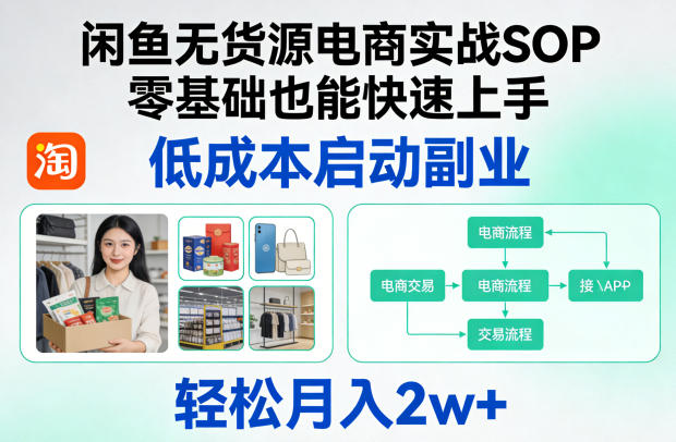 闲鱼无货源电商实战SOP，零基础也能快速上手，低成本启动副业，轻松月入2w+网络赚钱,项目资源网,副业资源网,兼职项目,网赚课程-副业赚钱-互联网创业-独家轻创IP大圣网创