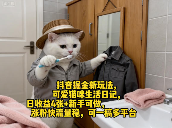 抖音掘金新玩法，可爱猫咪生活日记，日收益4张+新手可做，涨粉快流量稳，可一稿多平台网络赚钱,项目资源网,副业资源网,兼职项目,网赚课程-副业赚钱-互联网创业-独家轻创IP大圣网创