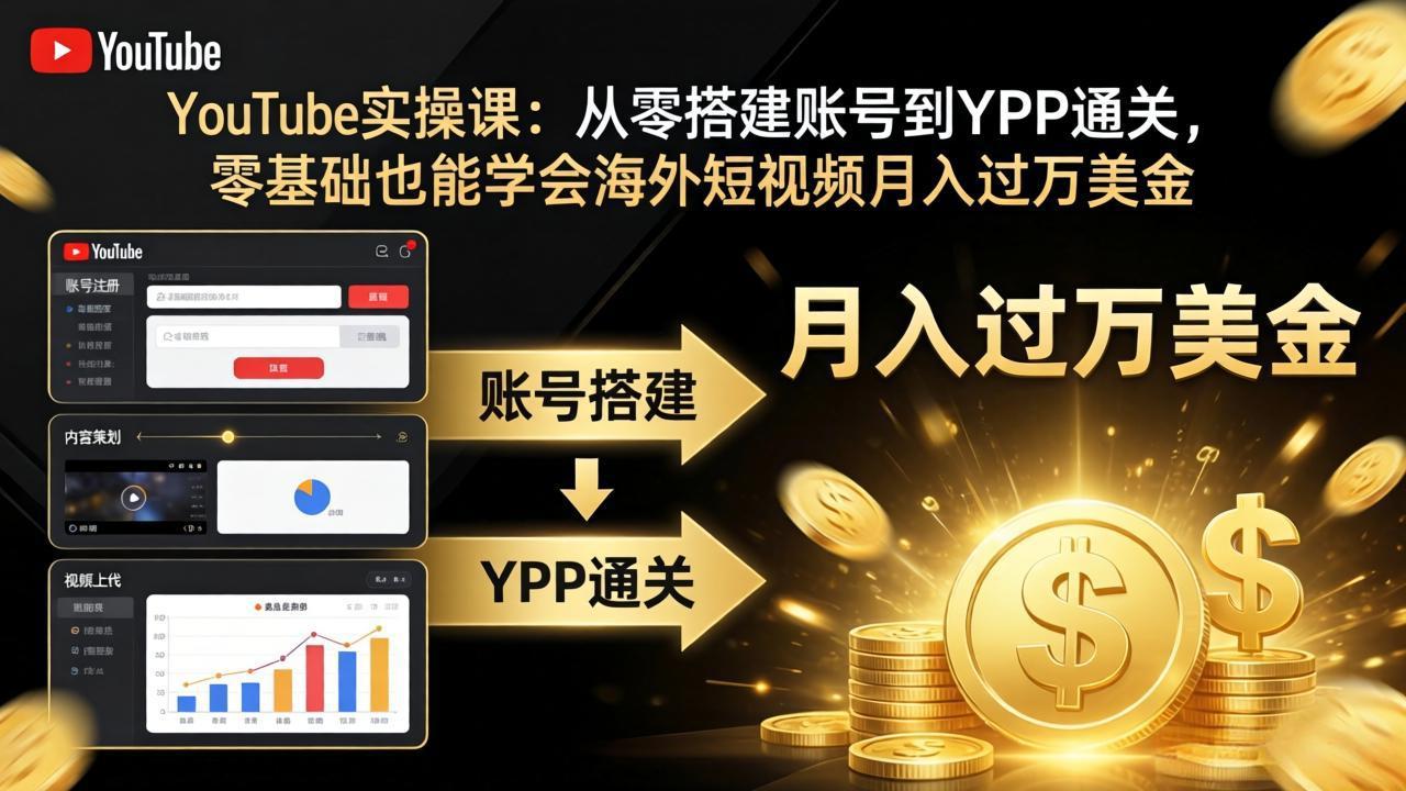YouTube实操课:从零搭建账号到YPP通关,零基础也能学会海外短视频月入过万美金网络赚钱,项目资源网,副业资源网,兼职项目,网赚课程-副业赚钱-互联网创业-独家轻创IP大圣网创